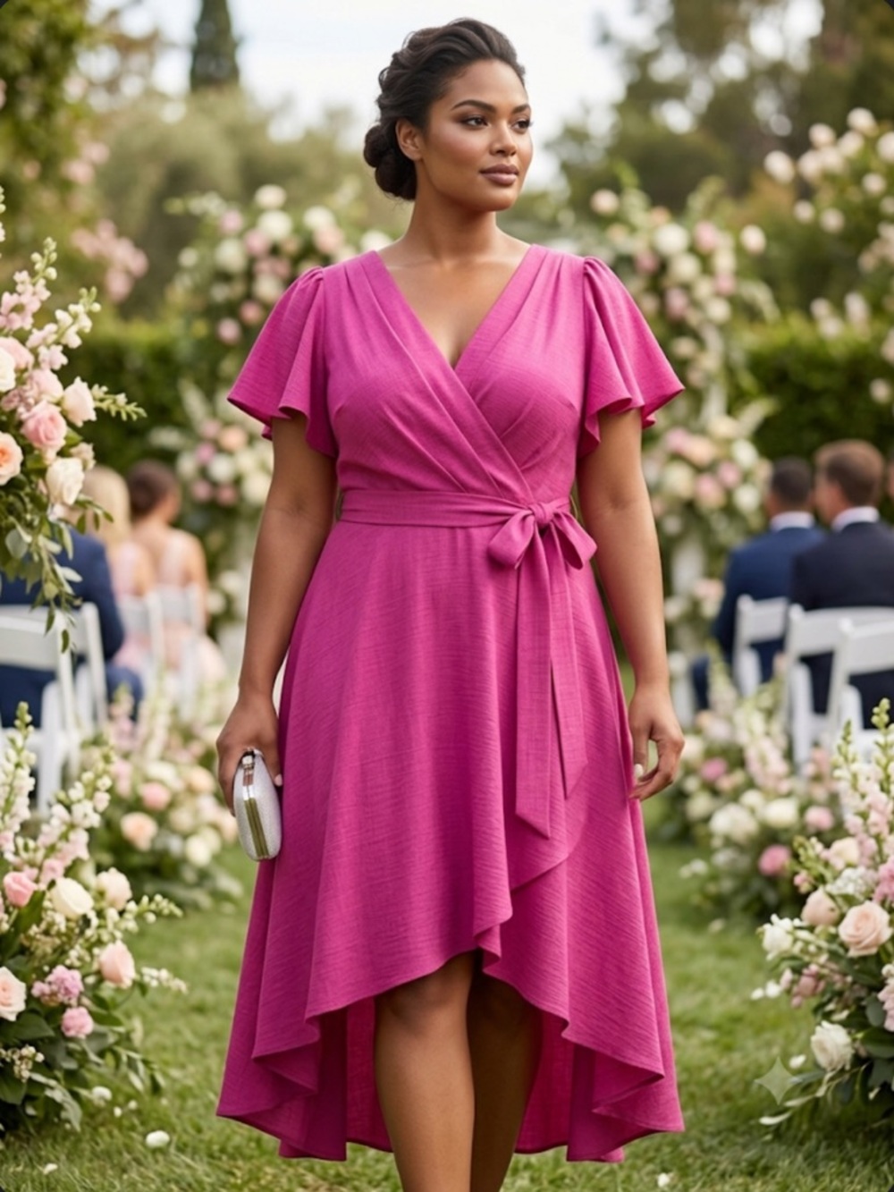 NWT DKNY Magenta Pink Flutter Sleeve Faux Wrap High Low Midi Dress Size 18W